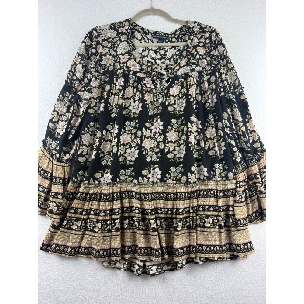 American Eagle Floral Lace Up Babydoll Tunic Top Black Pink Bell Sleeve Medium